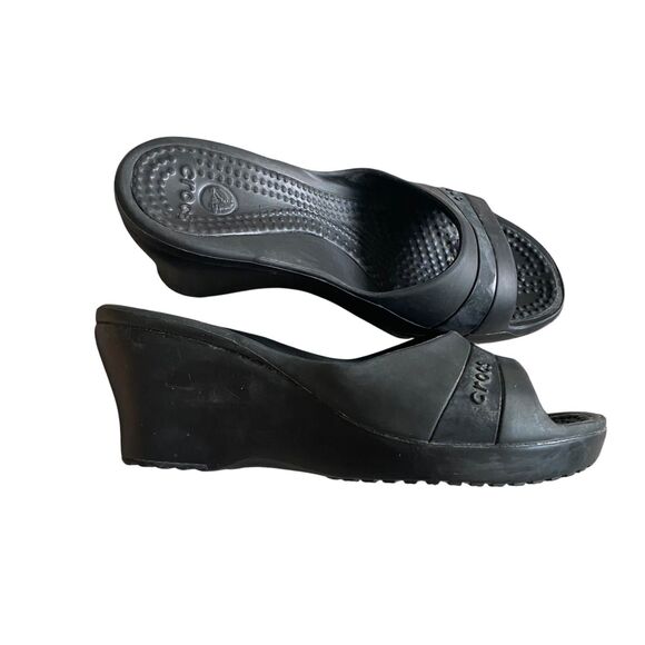 Crocs Kadee Wedge Sandal Women’s 8 Black Slip On Casual Comfort Beach - Picture 2 of 8